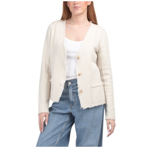 MARLED Buttercream Boucle Fringe Button Front Sweater Jacket - Picture 1 of 2